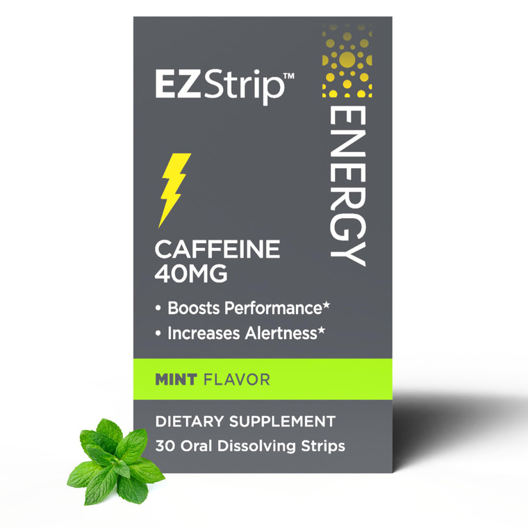 EZStrip Energy Supplements - Mint Flavor, 30 Count - Dissolving Strips with 40mg Caffeine to Help Energize Your Day and Boost Performance - Made in T