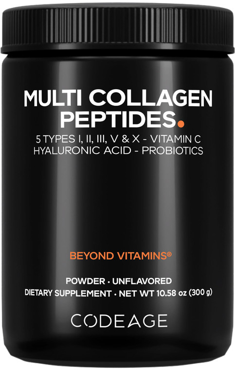 Codeage Multi Collagen Peptides Powder + Probiotics Black Edition, Vitamin C, Hyaluronic Acid Powder Supplement, Grass-Fed, Hydrolyzed, Zero Carbs, T