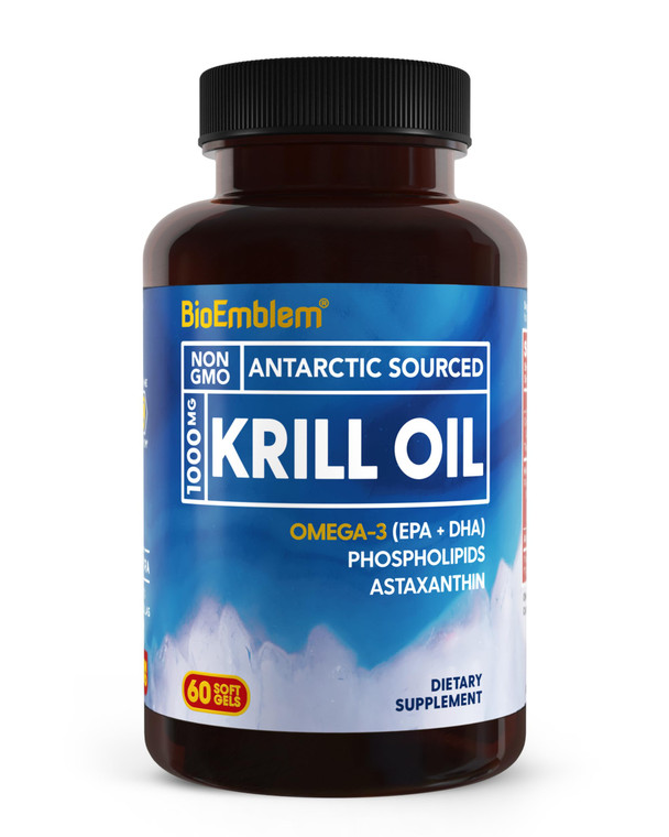 BioEmblem Antarctic Krill Oil Supplement | 1000mg | Omega-3 Oil with High Levels of EPA + DHA, Astaxanthin, and Phospholipids | No Fishy Aftertaste |
