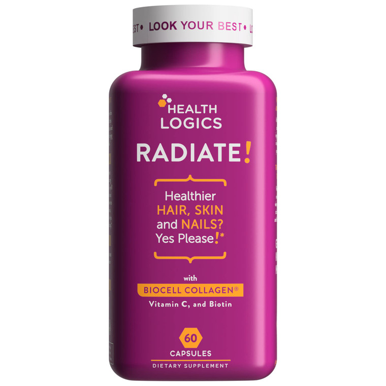 Health Logics Radiate | Hair Skin & Nails with Biotin, BioCell Collagen, Vitamin C, Hyaluronic Acid | Clinically Evaluated to Reduce Facial Lines, Wr