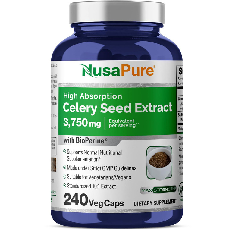 NusaPure Celery Seed Capsules 10:1 Extract, 375 mg Equivalent to 3750mg, 240 Veggie Caps, Non-GMO, Vegan