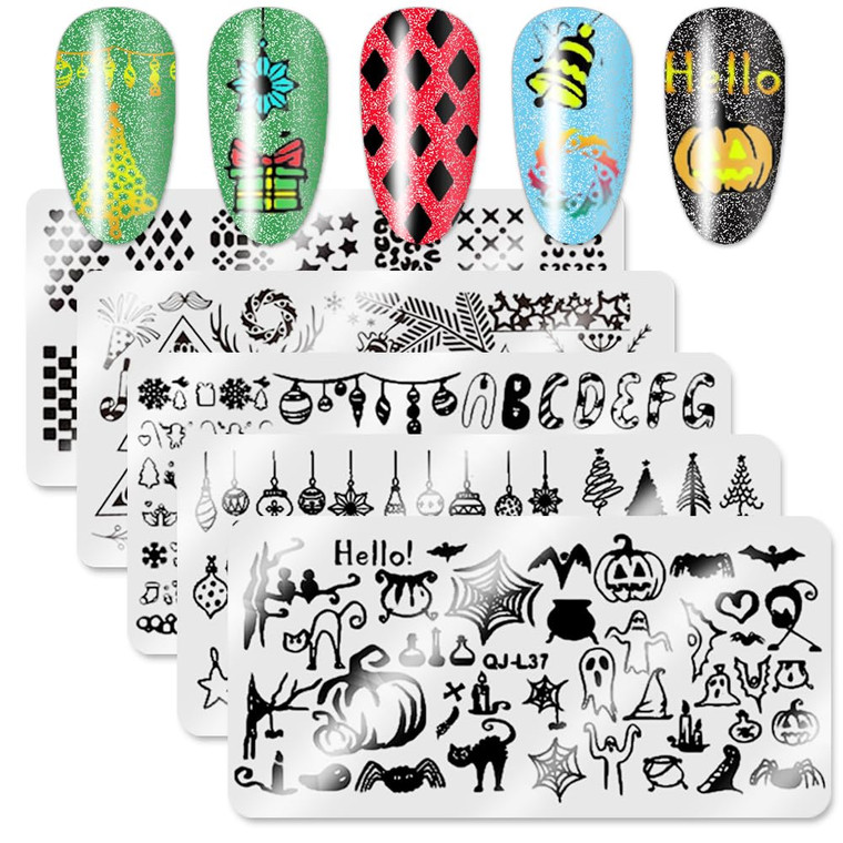 WOKOTO 5Pcs Christmas HalloweeN Nail Stamping Plates Kit Set Holiday Stamp Plates Nail Art Tools For Manicure