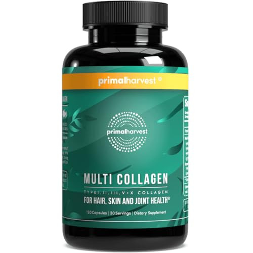 Primal Harvest Multi Collagen Pills for Women and Men (Type I, II, III, V, X) 120 Capsules w/Vitamin C for Hair, Skin, Nails