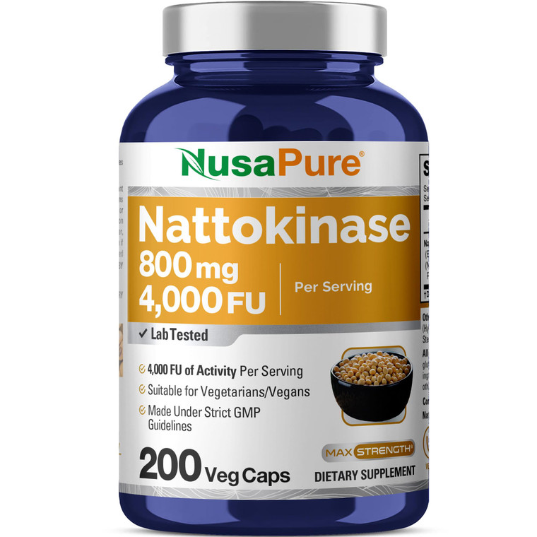 NusaPure Nattokinase 4000 FU 800mg, 200 Veggie Capsules (Vegan, Non-GMO)