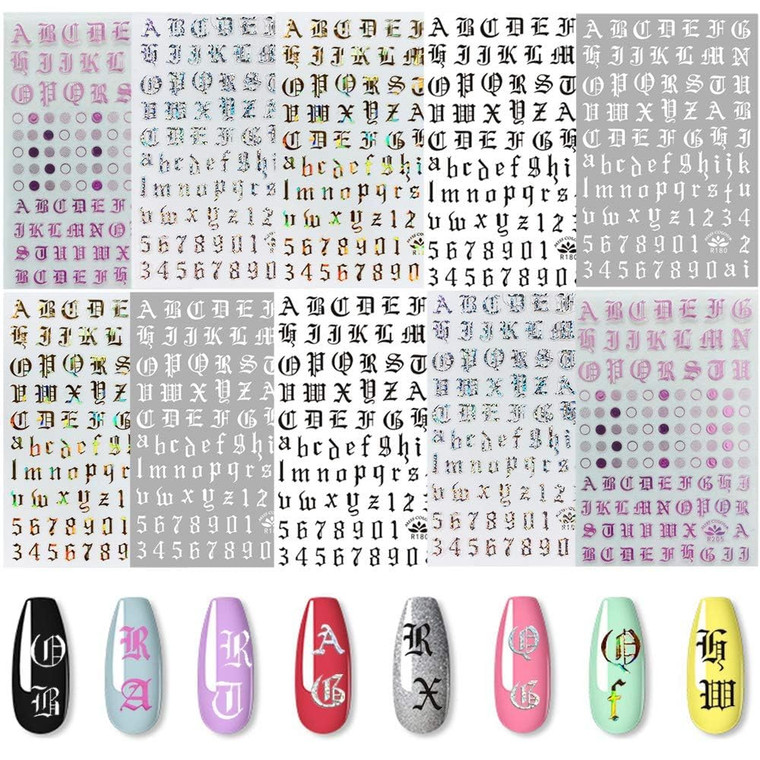 EBANKU Nail Letter Stickers, Nail Stickers for Nail Art 10 Sheets 5colors Self-Adhesive Old English Nail Sticker 3D Words Alphabet Nail Decals for DI