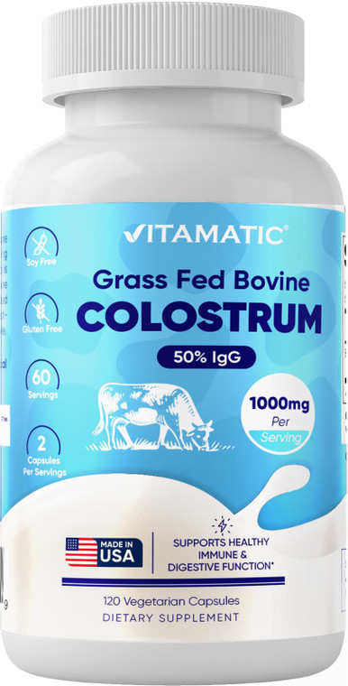 Vitamatic Bovine Colostrum Supplement 1000 mg per Serving - 50% Highest IgG - Supplement for Gut Health, Hair Growth, Beauty, Muscle Recovery, & Immu