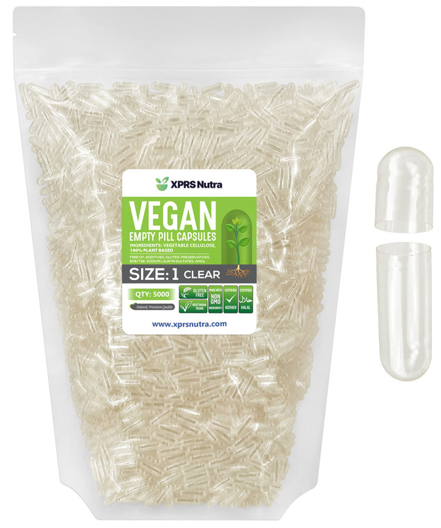 XPRS Nutra Size 1 Empty Capsules - 5000 Count Clear Empty Vegan Capsules - Vegetarian Pills - DIY Vegetable Capsule Filling- Veggie Pill Caps for Do-