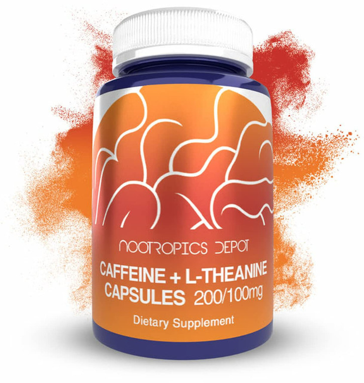 Nootropics Depot Caffeine and L-Theanine Capsules | 60 Count | Contains 200mg of Caffeine and 100mg of L-Theanine | Natural Supplement | Energy Boost