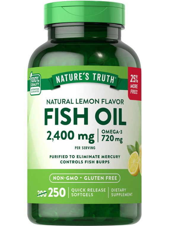 Nature's Truth Burpless Fish Oil 2400mg | 250 Softgels | 720 mg Omega 3 | Natural Lemon Flavor Pills | Non-GMO & Gluten Free Supplement