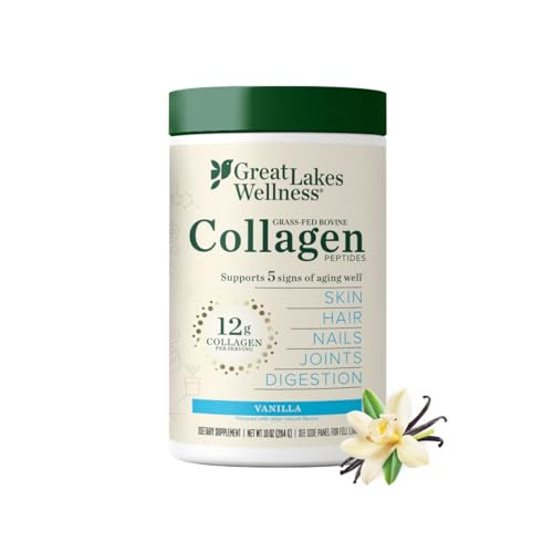 Great Lakes Wellness Collagen Peptides Powder for Skin, Hair, Nails, Joints & Digestion - Vanilla Flavored - Quick Dissolve Hydrolyzed, Non-GMO, Kosh