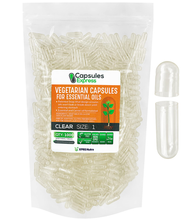 XPRS Nutra Size 1 Empty Vegan Capsules - 1000 Count Clear Veggie Capsules for Most Essential Oils - Empty Vegetable Pills - DIY Oil Filling