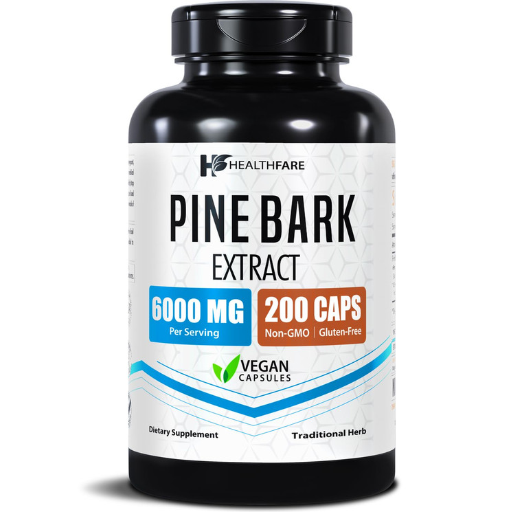 Healthfare Pine Bark Extract 6000mg French Maritime | 200 Vegan Capsules | Standardized 95% OPC Proanthocyanidins | Antioxidant Herbal Supplement | N