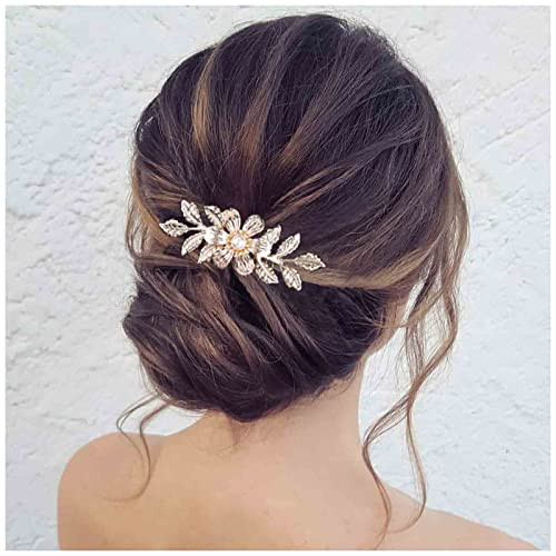 Allereyae Gold Pearl Wedding Hair Comb Barrette - Flower Leaf Hair Comb - Bridal Headpieces - Women's Accessories