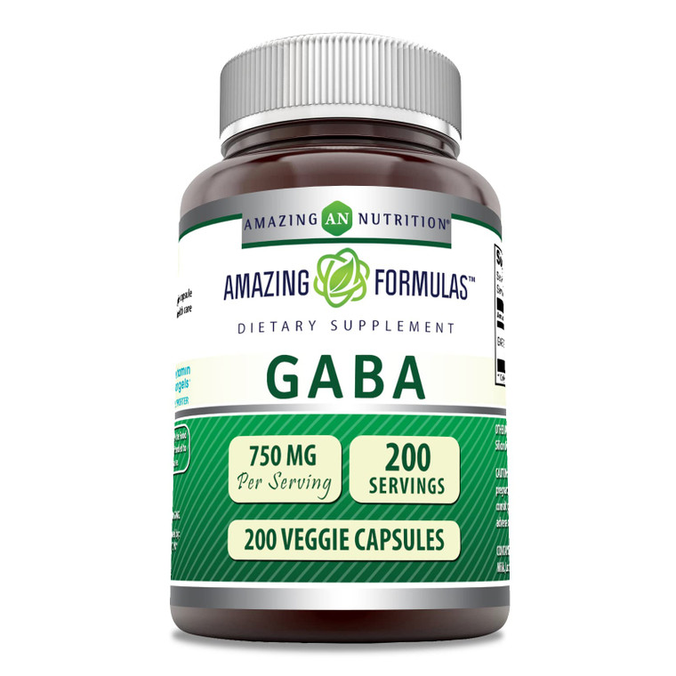 Amazing Formulas GABA 750mg Per Serving Veggie Capsules Supplement | Non-GMO | Gluten Free | Made in USA | Ideal for Vegetarians (200 Count)