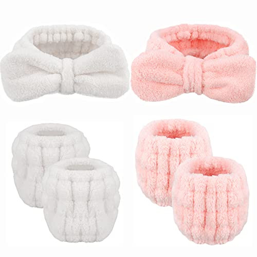 ACO-UINT 6Pcs Spa Headbands and Wrist Washband Set, Pink Headband for Washing Face Towel Wristbands Make Up Headbands, Microfiber Hair Band Skincare