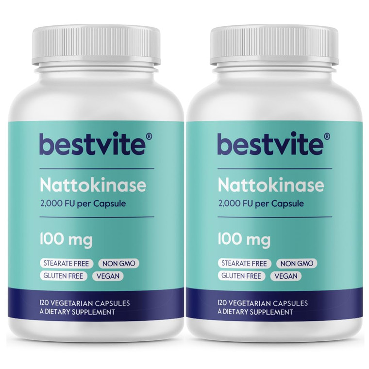 BESTVITE Nattokinase 100mg (2000 FU) (240 Vegetarian Capsules)(120x2) - No Stearates - Vegan - Non GMO - Gluten Free