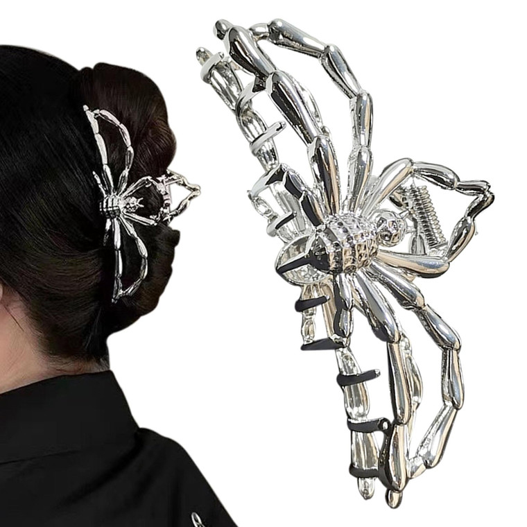 AEGYPIUS Spider Claw Clip, 4.52 x 1.77 inches Silver Claw Clip, Spider Hair Clip Halloween Claw Clips, Nonslip Metal Hair Clips for Women Hair Claw C
