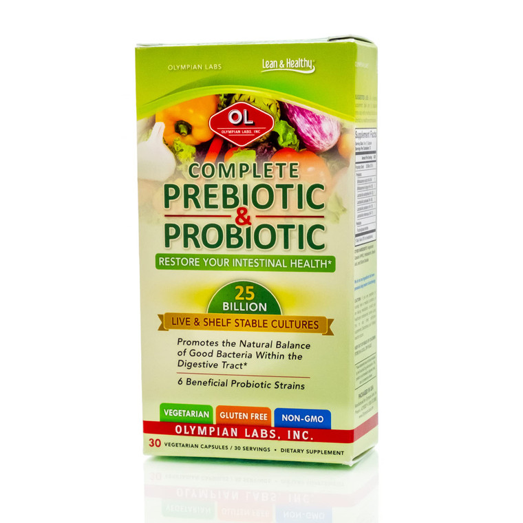 Olympian Labs Complete Prebiotic and Probiotic Supplement - 25 Billion Live Shelf Stable Cultures - 30 Vegetarian Capsules, Helps Restore The Natural