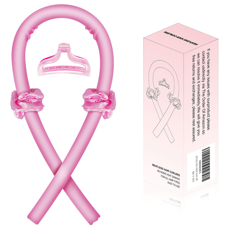 Hair Rollers for Heatless Overnight Curls - Soft Rubber Curling Rod Headband and Hair Claw Clip Set - Satin Pink
