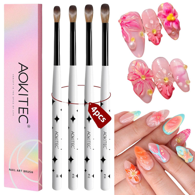 Aokitec Acrylic Nail Brush Set - 4PCS Kolinsky Acrylic Nail Brushes Size 8/10/12/14 Nail Brushes for Acrylic Powder, Acrylic Application, Nail Extens