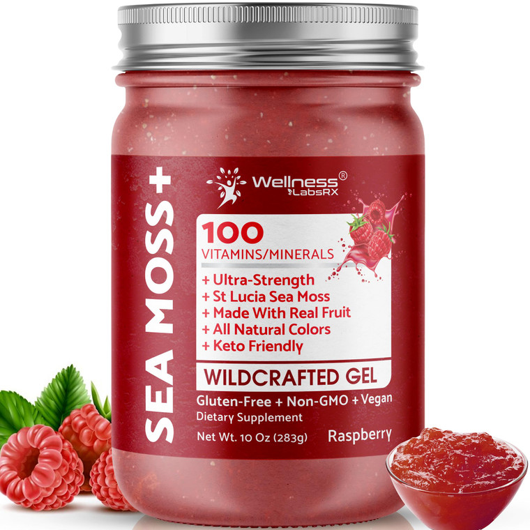 WELLNESS LABSRX Irish Sea Moss Gel Raw - Wildcrafted Superfood Seamoss Gel - Raspberry Flavor, Vitamin and Mineral-Rich from Pristine Caribbean Water