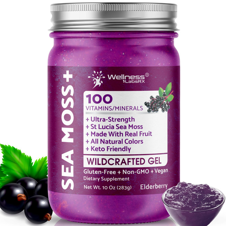 WELLNESS LABSRX Irish Sea Moss Gel Raw - Wildcrafted Superfood Seamoss Gel - Elderberry Flavor, Vitamin and Mineral-Rich from Pristine Caribbean Wate
