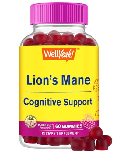 WellYeah Lions Mane Gummies for Adults (2,000mg) | Lions Mane Supplement Memory and Focuse Support | Gluten Free, Non GMO | Berry Flavor | Lion's Man