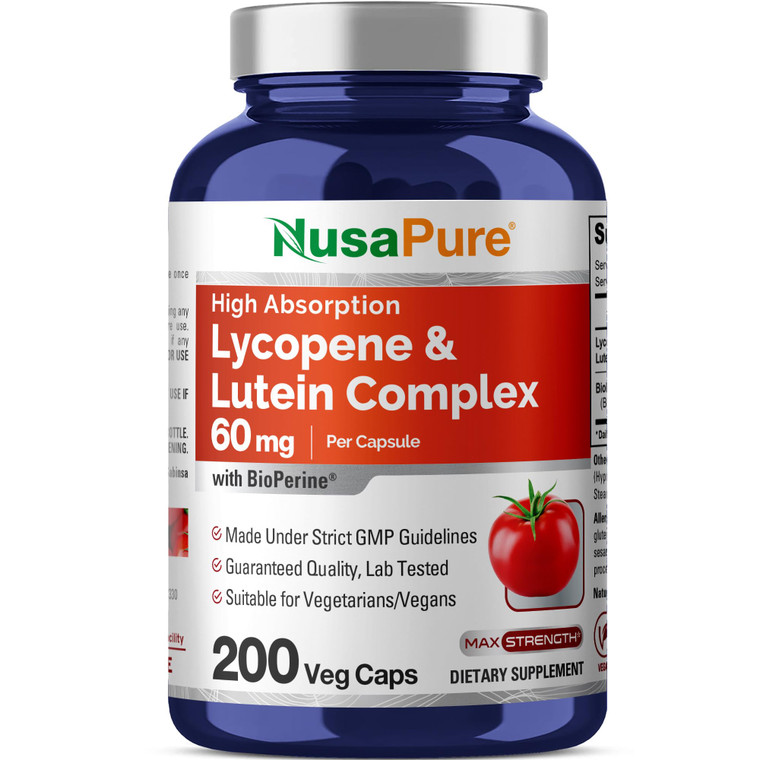 NusaPure Lycopene & Lutein Complex 60mg per Caps, 200 Veggie Capsules (Non-GMO, Vegan)