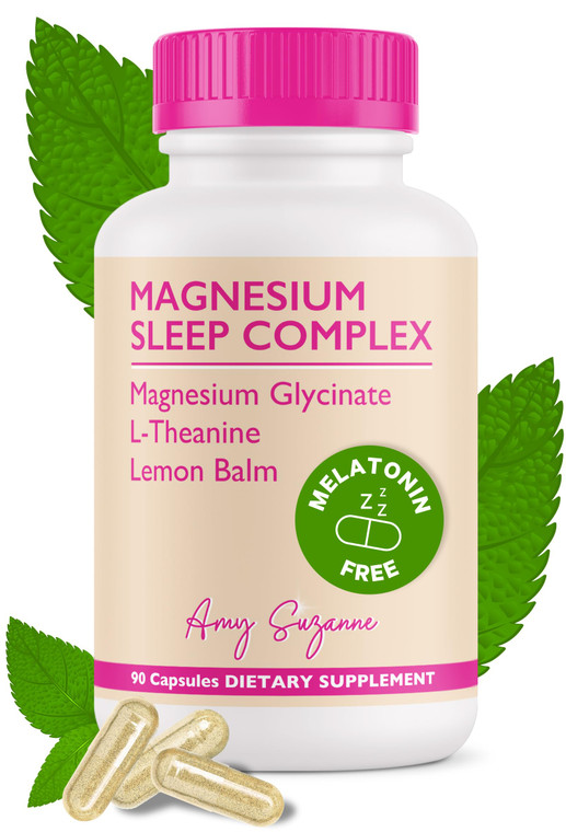 Amy Suzanne Magnesium Sleep Complex with L-Theanine and Lemon Balm - Melatonin-Free Sleep Support for Natural Calm and Relaxation - Magnesium Glycina