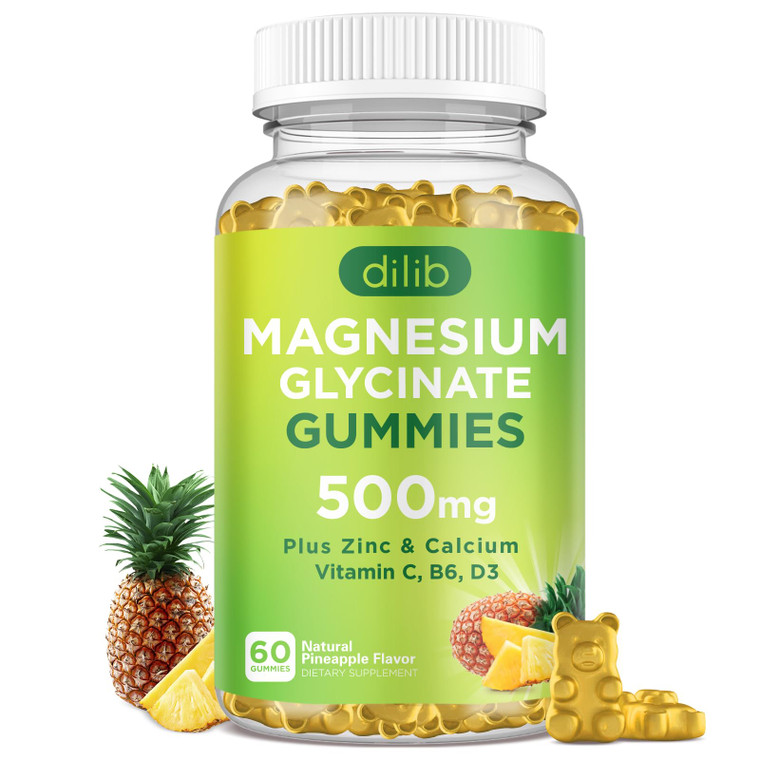 Magnesium Glycinate Gummies 500mg Magnesium Supplement with Calcium, Zinc, Vitamin C, B6, D3-Calm Chewable Gummies for Kids & Adults-Sleep, Mood & Mu