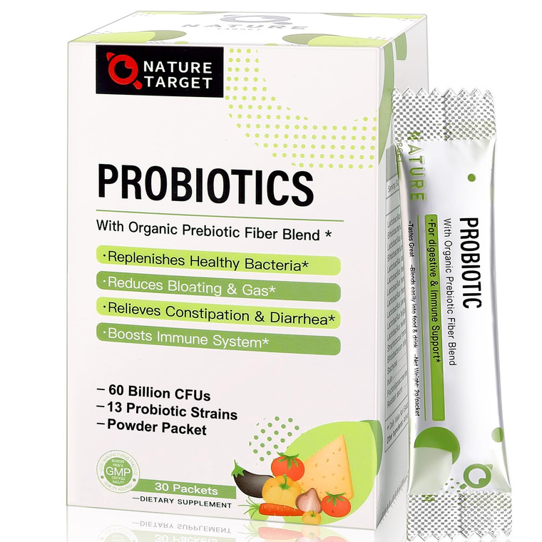 NATURE TARGET Probiotics for Women-Men-Kids Probiotic Powder 60 Billion CFUs 13 Strains - Prebiotics and Probiotics for Digestive Health, Shelf Stabl