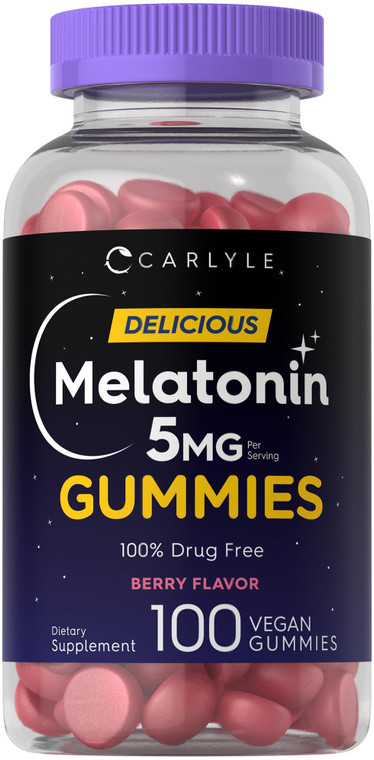Carlyle Melatonin 5mg Gummies | 100 Count | Berry Flavor | 100% Drug Free | Non-GMO, Gluten Free Supplement