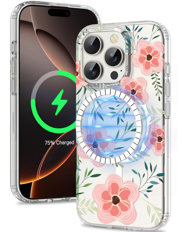 iMangoo Design for iPhone 16 Pro Case, Magnetic Compatible with MagSafe, Floral Pattern with Adorable Pink Anemone Flowers on Clear Case, Slim Hard-B