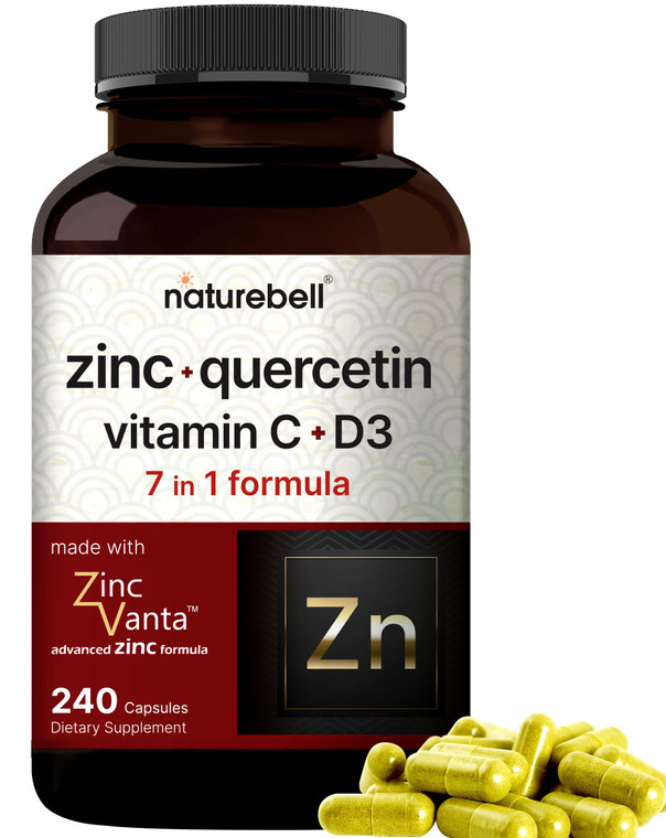 NatureBell Zinc Quercetin with Vitamin C & D3, 240 Capsules | Quercetin 1,000mg + Zinc 50mg + Vitamin C 250mg + Vitamin D3 5,000 IU | 4-in-1 Advanced