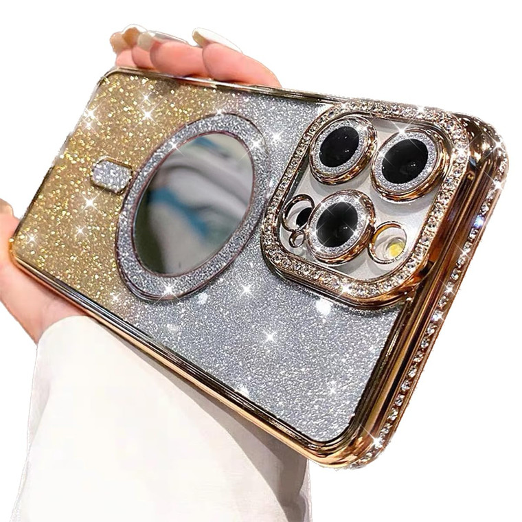 for iPhone 16 Pro Max Magnetic Case, [Compatible with Magsafe] Shockproof Glitter Makeup Mirror Diamond Camera Protector Sparkly Bling Girly Woman Cu