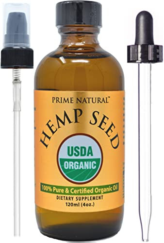 Prime Natural Organic Hemp Seed Oil 4oz - USDA Certified - Sativa Oil - Pure, Cold Pressed, Virgin, Unrefined, Vegan, Food Grade - High Omega 3 6 9 F
