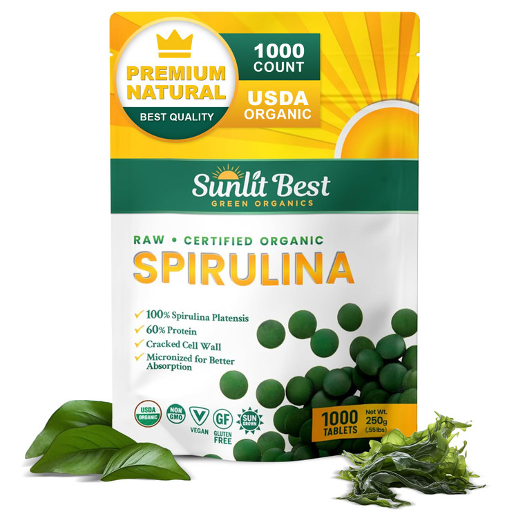 Sunlit Best - USDA Organic Spirulina Tablet - Natural Super Greens Supplements for Immune Support, Gut Health & Boost Energy Tablets with Chlorophyll