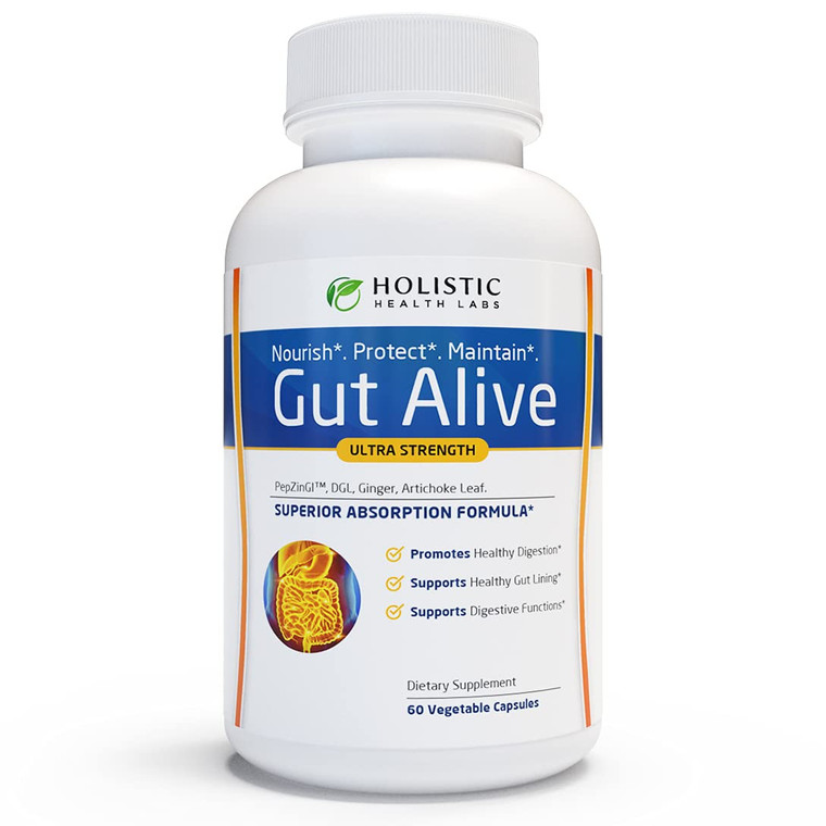 Gut Alive - All Natural Support to Fight IBS, Heartburn, Acid Indigestion, Acid Reflux, Bloating & Gas. Unique Formulation (60 Count (Pack of 1))