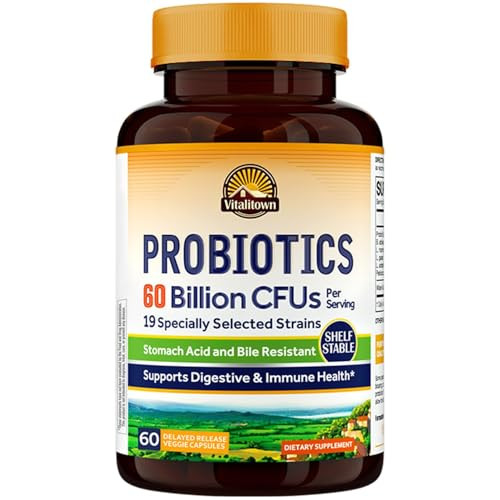 Vitalitown Probiotics + Prebiotics | 60 Billion CFUs 19 Strains | 60 Delayed Release Veg Caps | Shelf Stable, Prebiotics and Probiotics | Digestive H