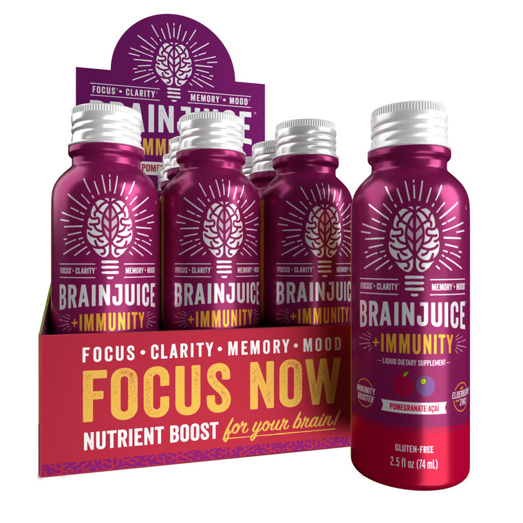 BrainJuice Brain and Immune Support Shot, Gluten Free Supplement Shots for Energy, Focus, Immunity with Vitamin D, C B, Alpha GPC & Organic Ginger Ro