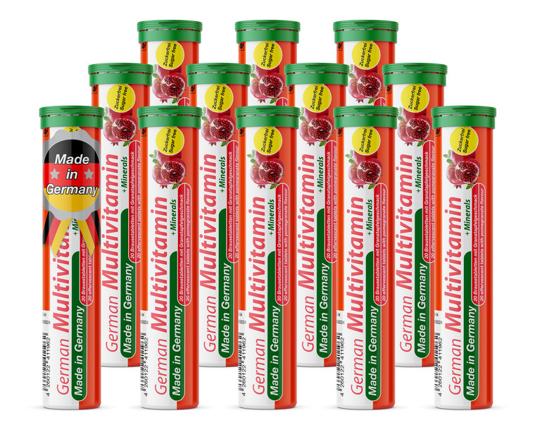 T&D German Multvitamin + Minerals 10 Vitamins 2 Minerals - 240 Vegan Drink Effervescent Tablets - Pomegranate Flavor - Made in Germany