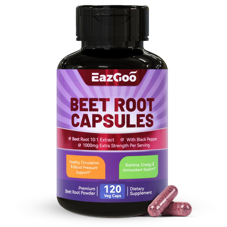 EAZGOO Beet Root Capsules 1000mg Per Serving, Supports Nitric Oxide Production & Blood Pressure, with Black Pepper Extract, Non-GMO, Gluten Free, Veg