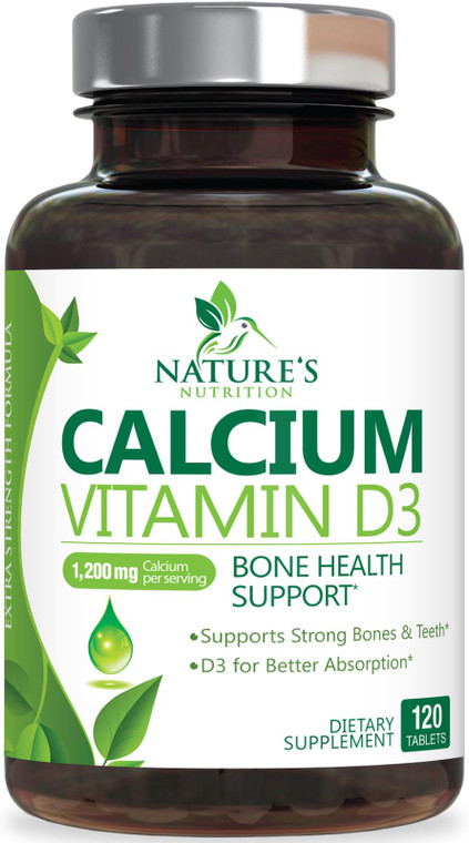 Calcium Supplement 1200 mg - with Vitamin D3 for Best Absorption - Supports Immune Health, Bones & Teeth - Nature's Calcium Carbonate + 1600 IU of D3