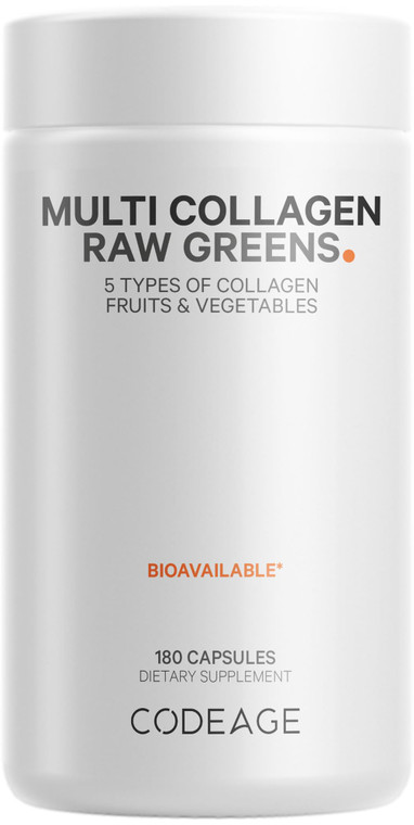 Codeage Multi Collagen Protein + Organic Raw Greens Superfood Capsules Supplement, 21 Fruits & Veggies, Grass-Fed Hydrolyzed Collagen Peptides, 5 Typ