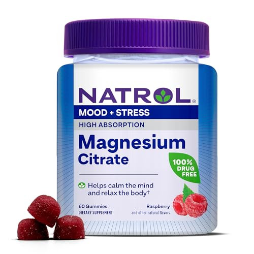 Natrol Magnesium Citrate, High Absorption Magnesium Supplement for Mood and Stress, Helps Calm The Mind and Relax The Body, 60 Raspberry-Flavored Gum