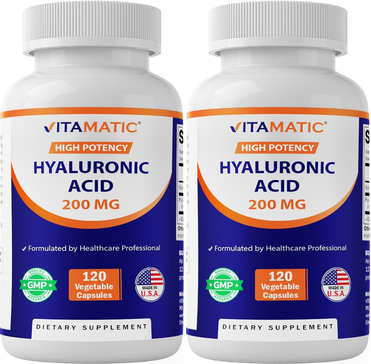Vitamatic 2 Pack Hyaluronic Acid Supplements 200mg - Supports Healthy Connective Tissue and Joints - Promote Youthful Healthy Skin - Total 240 Capsul