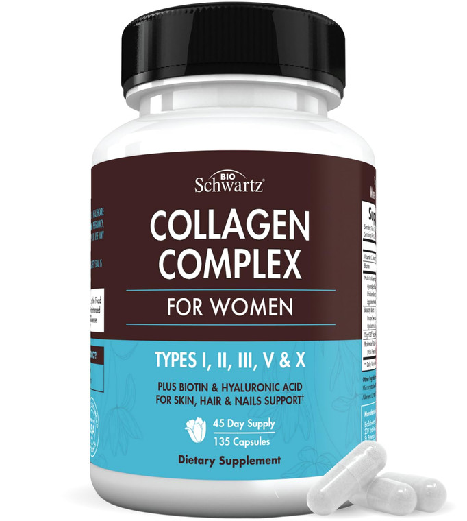 BioSchwartz Hydrolyzed Collagen Peptide Capsules - Multi Collagen Supplements for Women Types I, II, III, V, X with Vitamin C, Biotin, Keratin and Hy