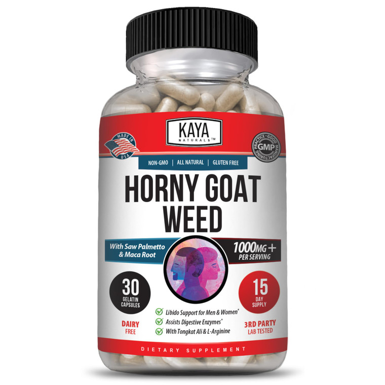 Kaya Naturals Horny Goat Weed for Men and Women - 1560mg Complex with Maca, Saw Palmetto, Ginseng, Arginine Vitamin Supplement - Horny Goat Weed - 30