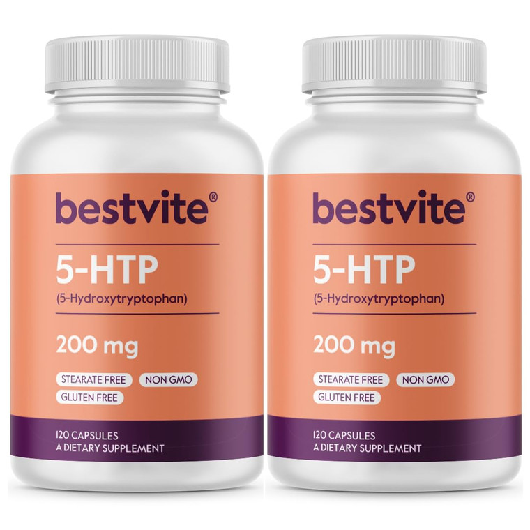 BESTVITE 5-HTP 200mg per Capsule (240 Capsules) (120 x 2) - No Stearates - No Flow Agents - Gluten Free - Non GMO