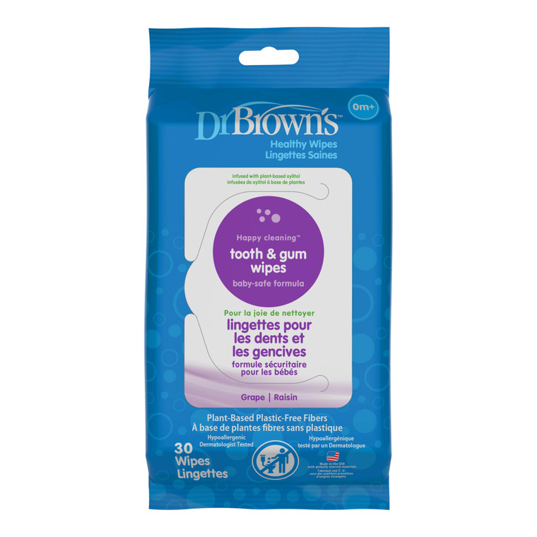 Dr. Brown's Tooth and Gum Healthy Wipes, Fluoride-Free Oral Care for Babies, Grape Flavor, 30 count, 1-Pack (Packaging May Vary)